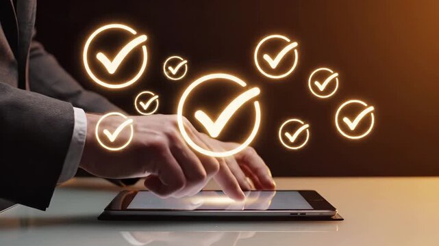 Business professional using digital tablet with glowing holographic checkmarks floating above. Task completion, approval, and productivity . Checklist and goal achievement in  technology.