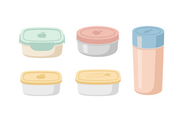 Food containers and drink bottle in a pastel color palette for convenient meal preparation and healthy eating habits, promoting eco-friendly choices.