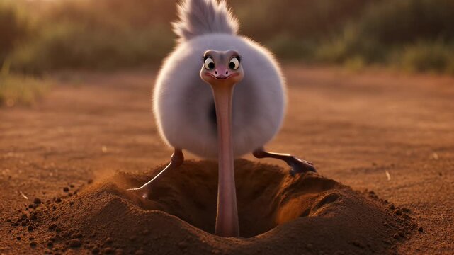 Animated ostrich character buried in sand close up cute and funny cartoon style looking at camera with curiosity