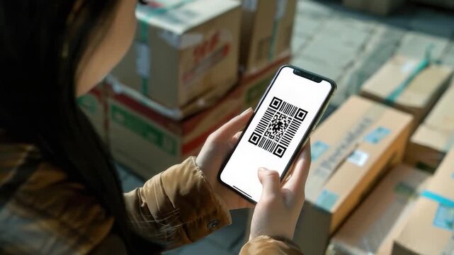 A woman holds her smartphone in front of stacked boxes, possibly receiving or sending packages