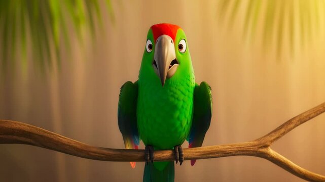 Animated parrot perched on branch tropical bird character cartoon green parrot illustration animal character design
