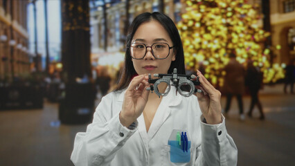 Fototapeta premium Woman doctor in white uniform adjusting eyeglasses in a vibrant street setting with holiday decorations, showcasing a blend of professionalism and festive atmosphere.