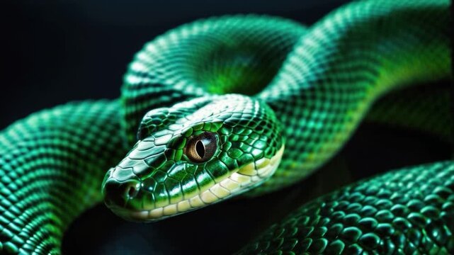 A close-up shot of a green snake's head and body on a dark background, ideal for use in editorial or commercial contexts