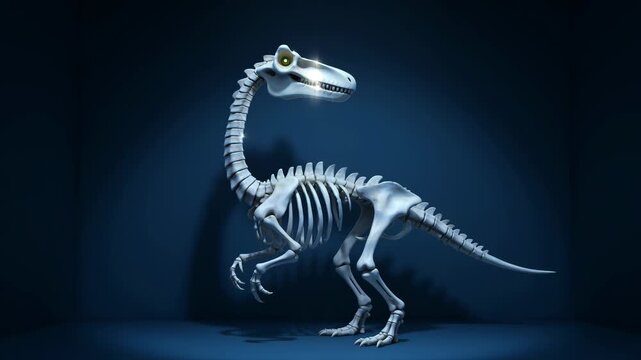 Animated raptor skeleton stands against dark blue background shining light halloween paleontology prehistoric science bones