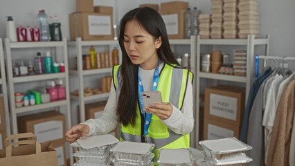 Woman volunteer in reflective vest organizing donations in charity center indoor with focus on...