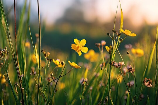 Golden hour sun illuminates yellow wildflowers and green grass in a meadow