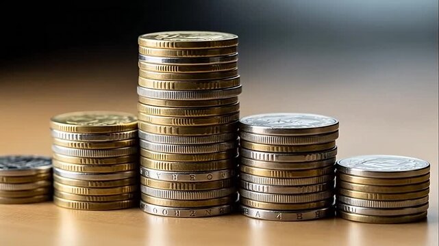 Stacks of coins arranged in ascending order on a wooden surface.