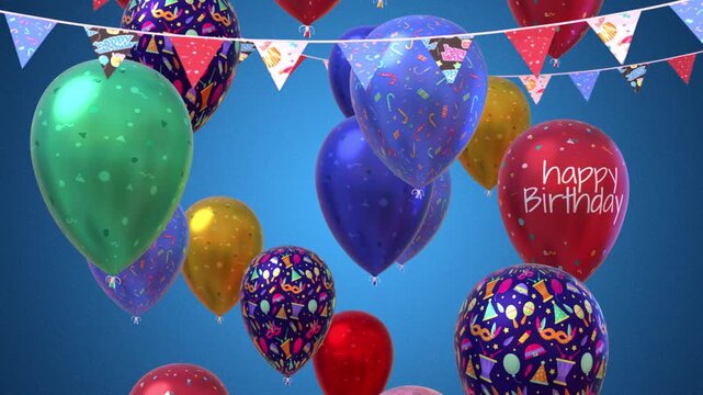 Happy birthday congratulation video with multi-colored balloons flying up and confetti falling down. Anniversary celebration animation