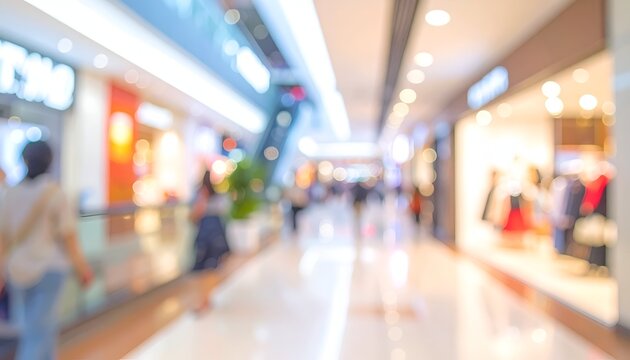Blurry indoor image of a shopping mall, filled with people