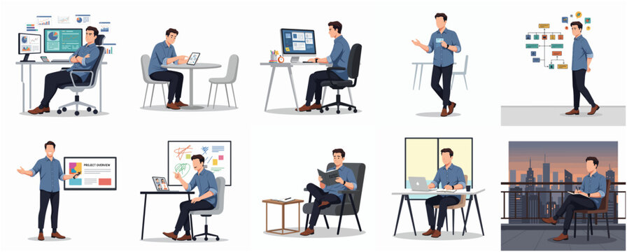 Cartoon Style Set of Businessman Working in Different Situation Illustration