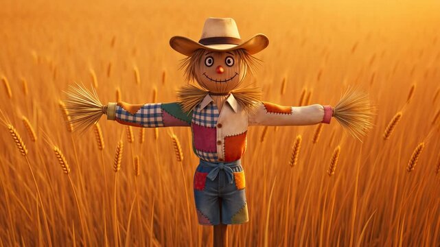 Animated scarecrow standing guard in a golden wheat field at sunset or sunrise agriculture and farming theme