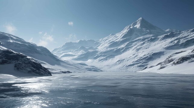 Majestic Snow-Capped Mountain Reflected in Serene Frozen Lake