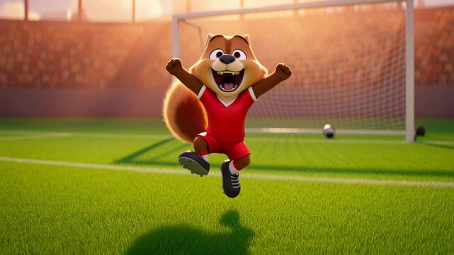 Animated squirrel soccer player celebrates victory on field with goal cheerfully jumping for joy character illustration fun sport cartoon style