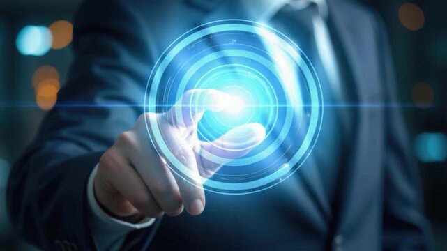 A man in a suit touches a button with his finger