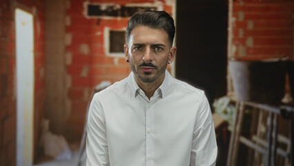 Man stands looking at camera with visible face inside unfinished construction site interior  serious focus. © Krakenimages.com
