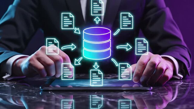 Business professional using tablet with glowing database surrounded by document icons transfer arrows. Data management, file storage, and digital information exchange for corporate it infrastructure.