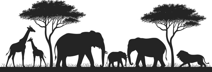 African wildlife safari silhouettes with trees isolated on white background © Mosrekul