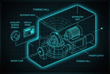 Futuristic blueprint of a turbine generator engineering schematic showcasing scanning technology and water flow dynamics for advanced energy production optimization