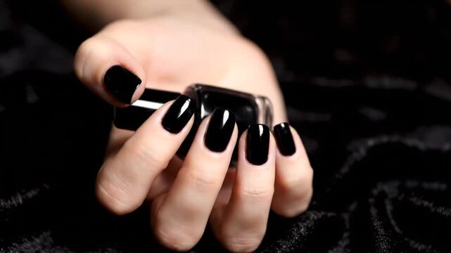 Woman Hand with Black Nails and Ring.