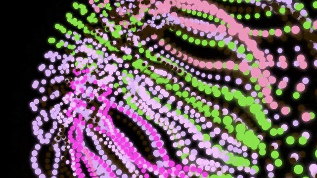 Dynamic abstract digital art with vibrant pink and green luminous particles. Intricate flowing patterns weave across a dark background, creating a mesmerizing modern visual experience