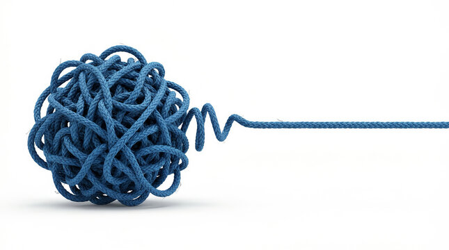 Tangled Blue Rope Knot Unraveling into a Straight Line Solution Concept