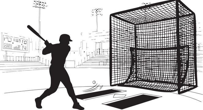 Baseball player practicing swing in batting cage training session