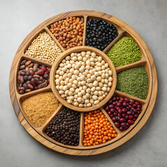 Fototapeta premium A circular wooden tray filled with various types of colorful beans and legumes