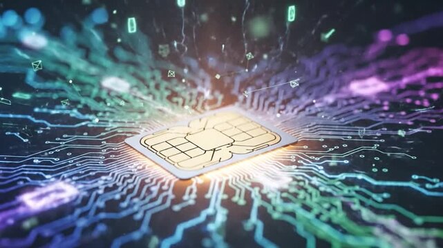 EMV Credit Card Chip Macro with Futuristic Digital Background