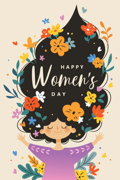 A hand-drawn illustration poster of a woman in bloom for women's day.