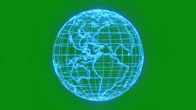 Illuminated blue wireframe globe spinning on a bright green chroma key background, symbolizing global connectivity, digital information, and technological advancement
