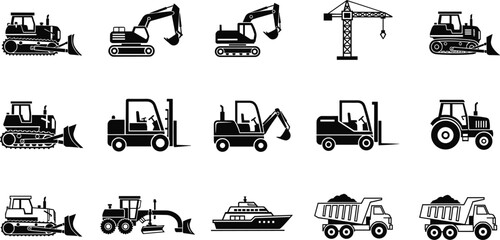 Collection of fifteen black and white icons of construction and heavy machinery vehicles vector illustration © Hey there