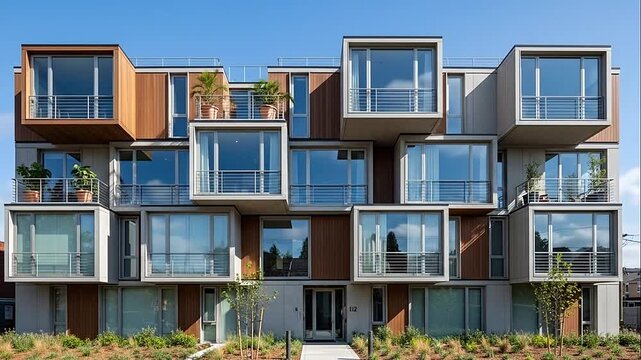 Striking modern apartment building with innovative modular design and multiple balconies under a clear blue sky.