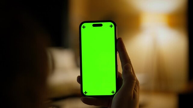 Person holding smartphone with vibrant green chroma key screen in dimly lit cozy living room interior, blank display ready for custom content or video compositing