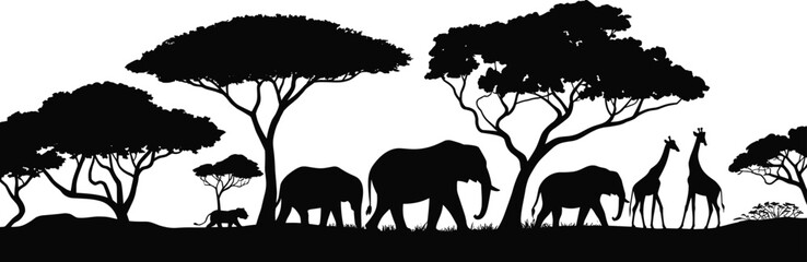 African safari wildlife silhouette landscape with elephants giraffes and acacia trees black and white savanna panorama illustration © Mosrekul