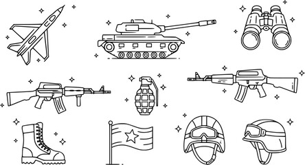 Military and Defense Equipment Icon Set - Tactical Army Tank, Fighter Jet, and Infantry Gear Vector