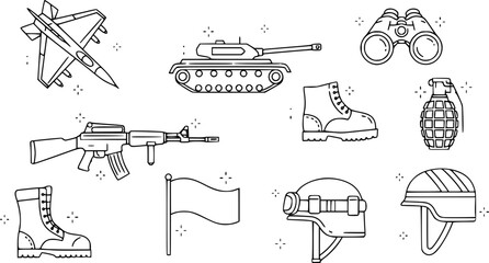 Military and Defense Equipment Icon Set - Tactical Army Tank, Fighter Jet, and Infantry Gear Vector