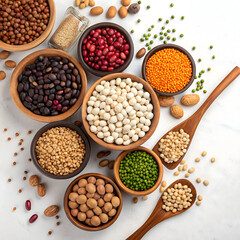 Fototapeta premium Assorted bowls of legumes and grains displayed on a white surface.