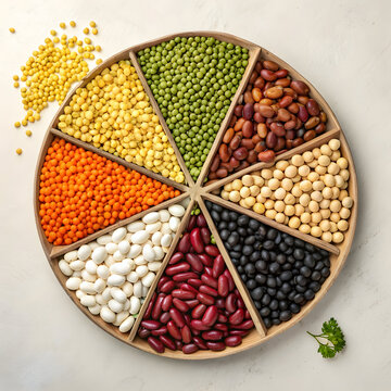 Assorted colorful legumes and grains arranged in a circular wooden bowl