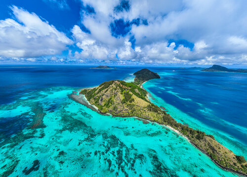 Aerial view of Aukena island in Mangareva, Gambier archipelago, French Polynesia