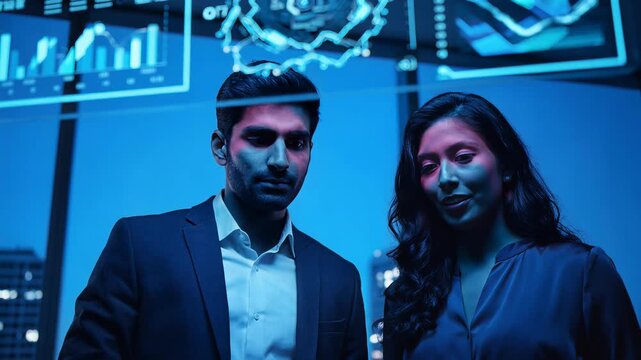 Analyzing Data & Visionary Thinking: A dynamic business duo, immersed in a futuristic workspace, intently studies interactive data visualizations, as innovative concepts take shape.