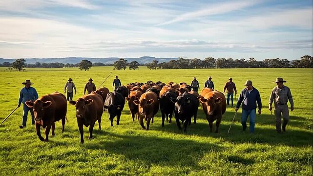 Group of cowboys herding cattle in a green pasture under a cloudy sky.