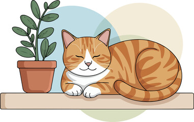 Illustration of a sleeping orange cat beside a green plant on a shelf in a sunny room, with natural light pouring in