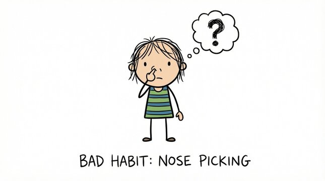 A cartoon girl with a puzzled expression wonders about her bad habit of nose picking in a simple illustration