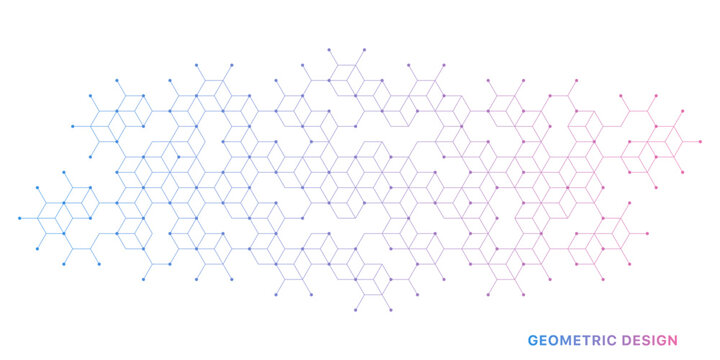 Abstract geometric 3D cube structure with connected lines and dots on white background. Concept of digital technology, blockchain, data visualization, architecture, innovation and modern design