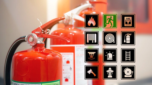 Fire extinguisher with prevent icons for protection or prepare fire equipment for prevention in emergency case and safety or rescue and alarm system training concept.