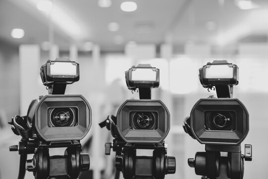 Video camera for make movie or journalist interview broadcasting reporter news or press conference speaker or public speaking or report record and content creator live media.