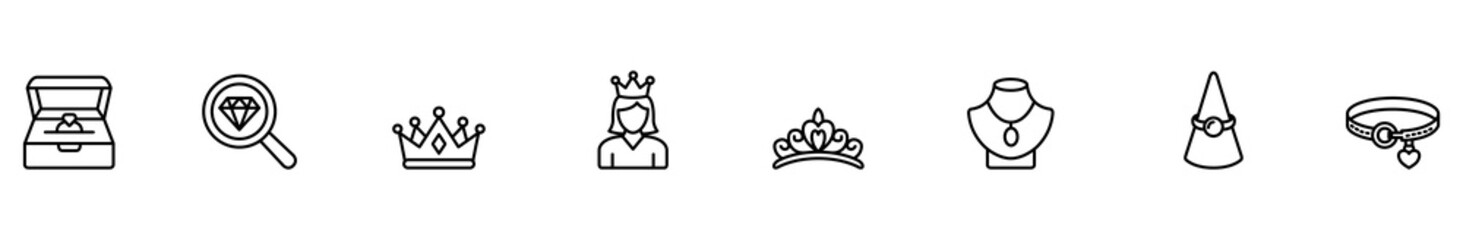 Jewelry icon outline crown tiara necklace ring bracelet set, minimalist black line symbols featuring jewelry box, diamond magnifier, queen portrait, pendant, bangle for design © Alice a.