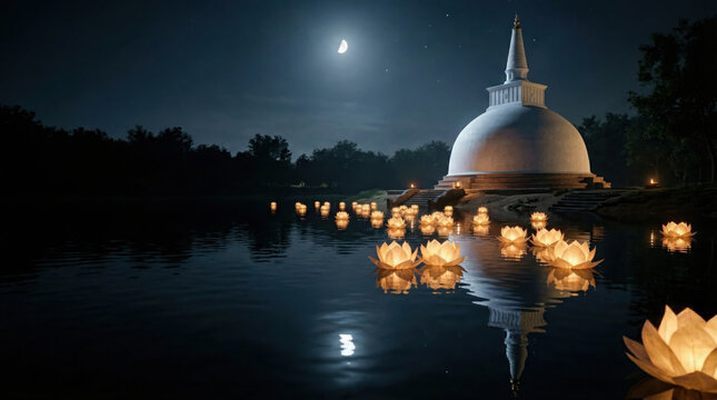 Buddhist White Stupa With Glowing Lotus Lanterns On Water At Night &mdash; Sri Lanka Vesak Poya Day