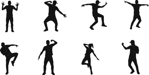 Dynamic silhouettes of people dancing hip-hop, breakdancing, and performing street dance moves for youthful urban lifestyle themes