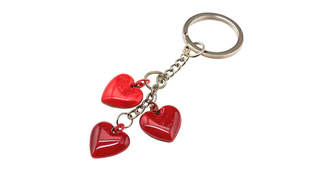 Three red heart keychain with silver ring, a common accessory that shows affection and love, often given as gifts during special occasions isolated on transparent background cut out